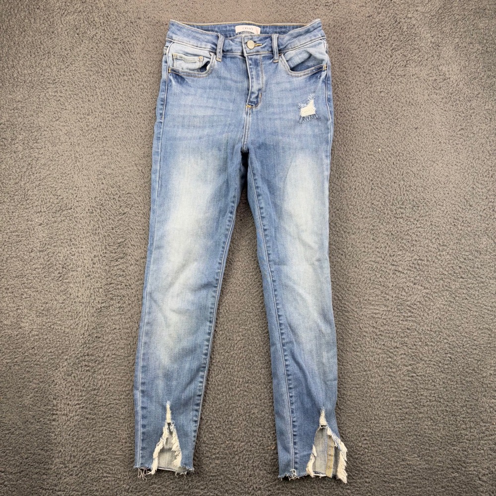 Cello Womens High Rise Distressed‎ Skinny Jeans Light Wash Split Frayed Hem 5